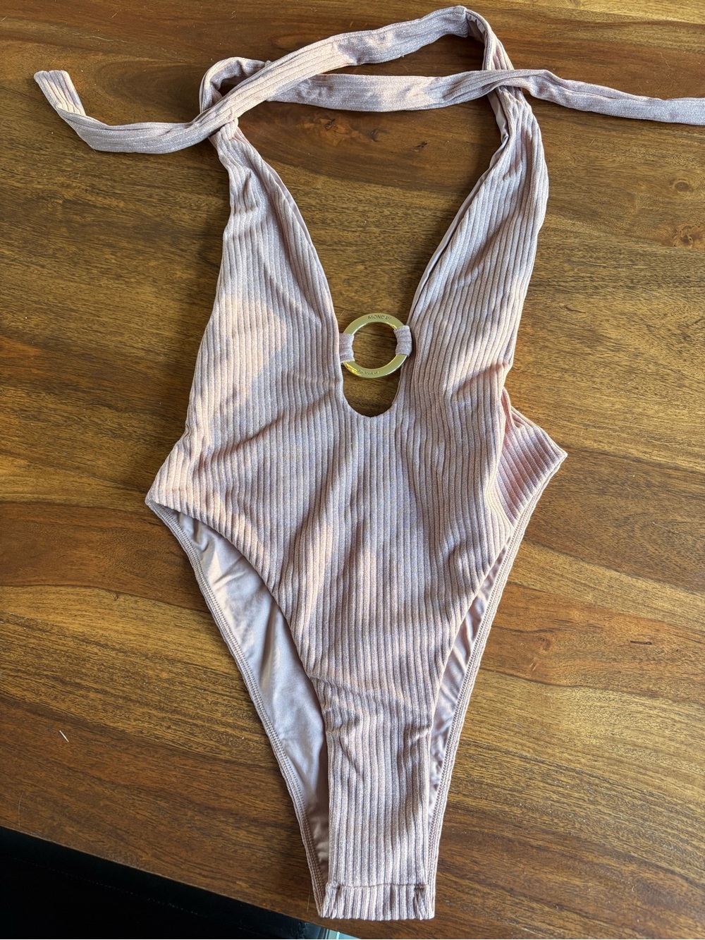 Ribbed Halter One-Piece Swimsuit with Gold Ring - Blush